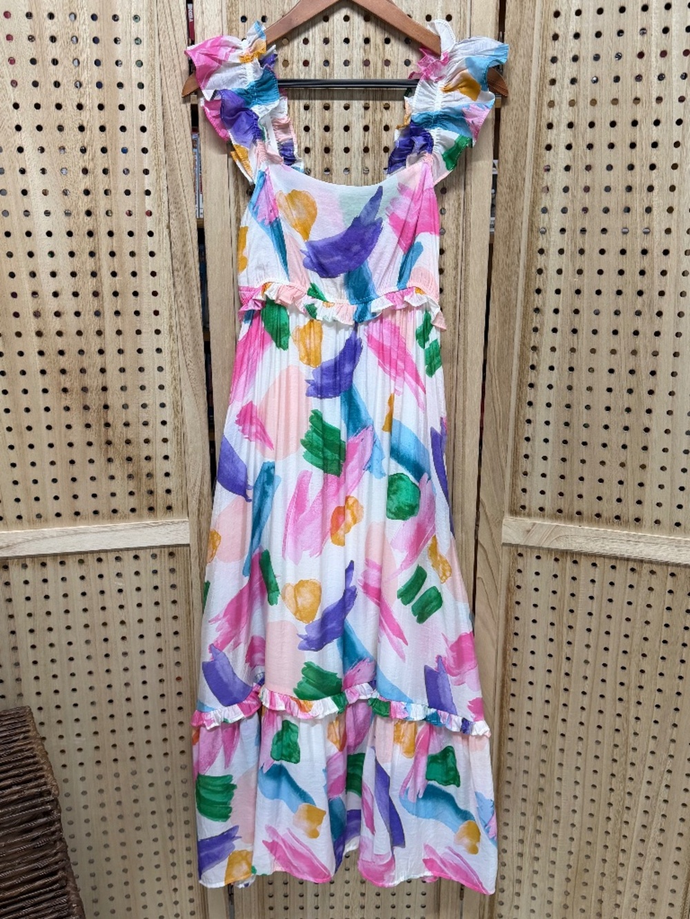 Colorful Watercolor Ruffle Strap Smocked Midi Dress